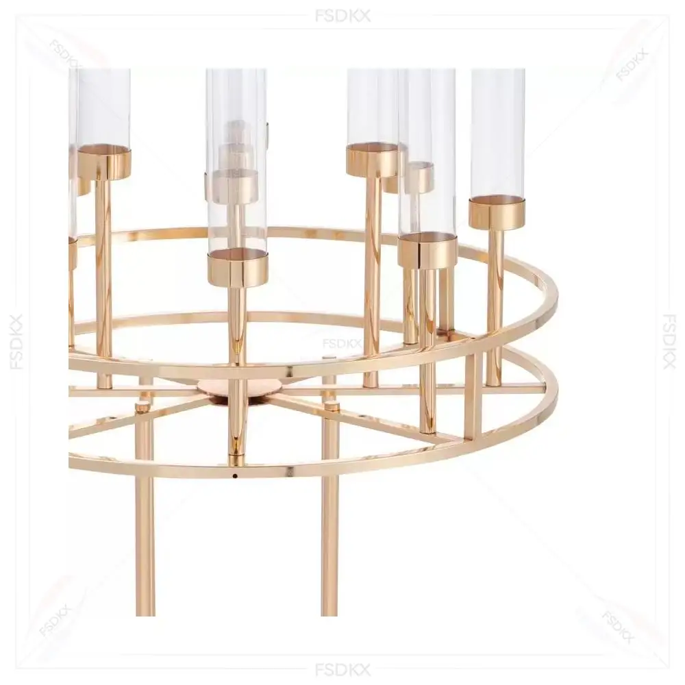 FSDKX Wholesale Candle Stand 8 Arms Acrylic Cup Antique Metal Gold Candelabra Wedding Centerpieces Gold Candle Stand