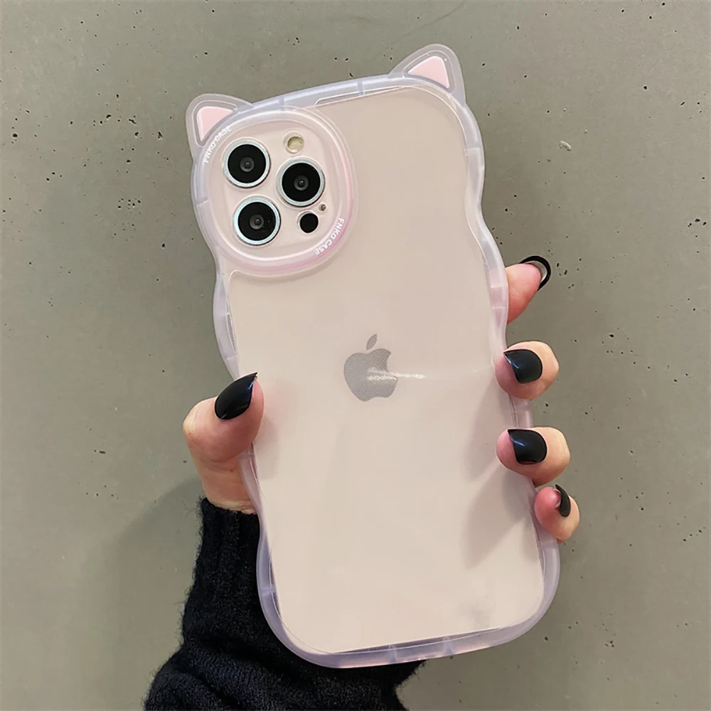 Cute Cat Ear Curly Wave Transparent Case For iPhone 11 13 12 14 15 16 Pro Max Cartoon Shockproof Clear Soft Back Cover