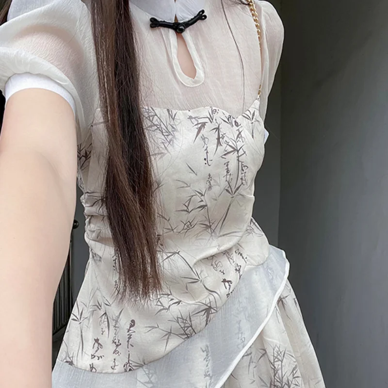 National Style Retro Light Yarn Hand-painted Pattern Frilly Waist and Thin Short-Sleeved Top Straight Long Skirt Suit For Girls