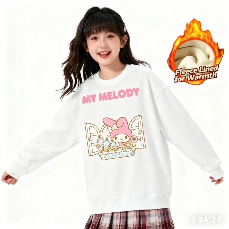 

2025 Sanrio Series Printed Crew Neck Long-Sleeve Top, Cute and Warm Fleece-Lined Crew Neck Long-Sleeve T-Shirt, 100% Cotton