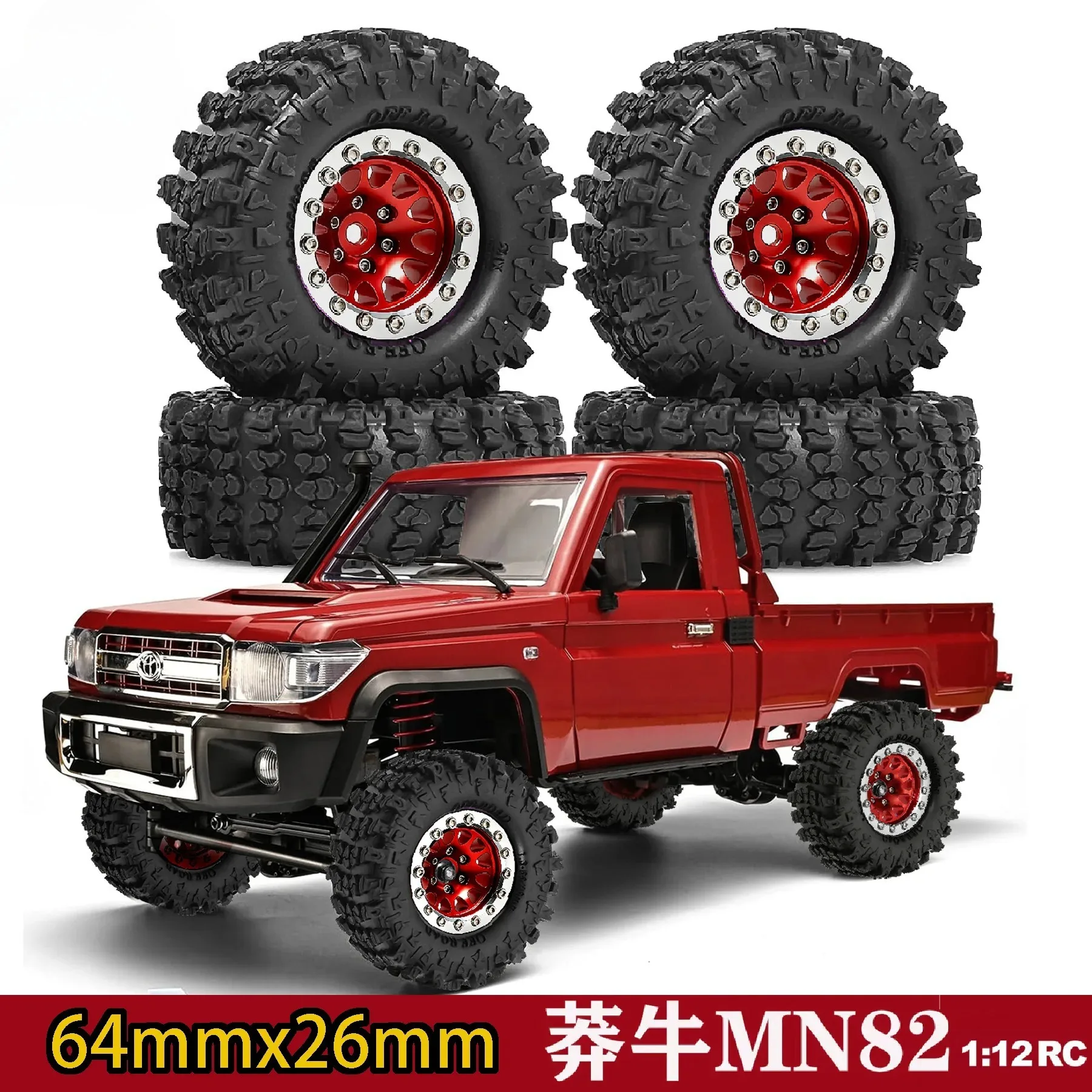 

4Pcs 1.3 Inch Beadlock Wheel Rim Tire Set 64*26mm Super Soft Mud Terrain Tires for 1/18 1/24 SCX24 AX24 FCX24 TRX4M RC Crawler