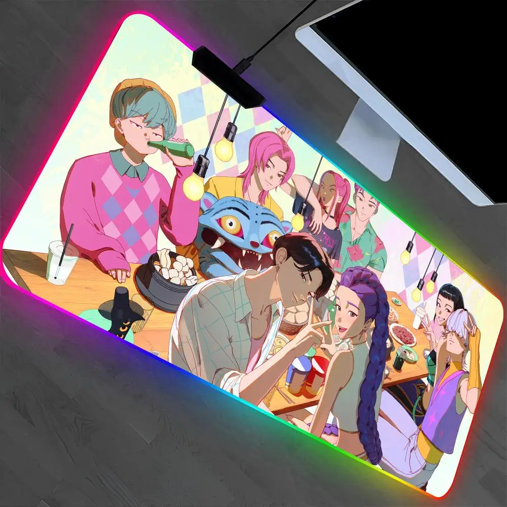 

Anime KPOP Demon Hunters Mouse Pad Laptop Mat Gaming RGB Anime Mousepad Backlit Gamer Girl Cartoon Table Pads Deskpad