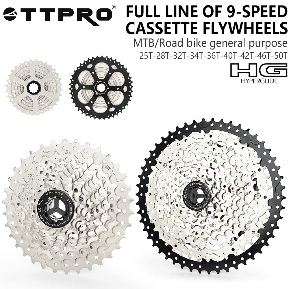 

TTPRO 9 Speed Cassette Sprocket MTB Road Bike 11-25T 28T 32T 34T 36T 40T 42T 46T 50T Aluminum Alloy Bicycle Freewheel Bike Parts