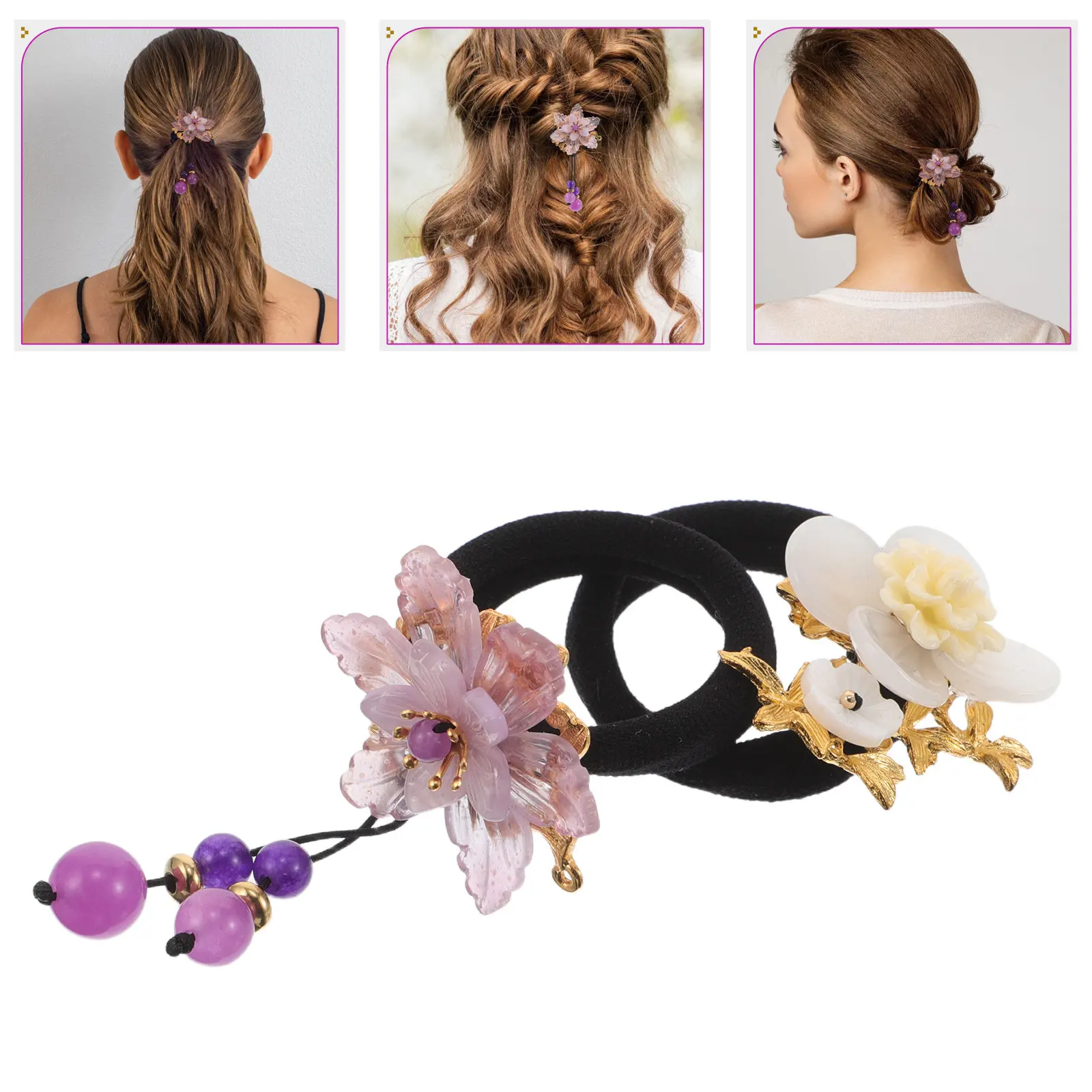 

2Pcs Vintage Chinese Style Hair Tie Thick Elastic Ponytail Holders Purple White Soft Stretchy Hair Accessories for Women Hanfu