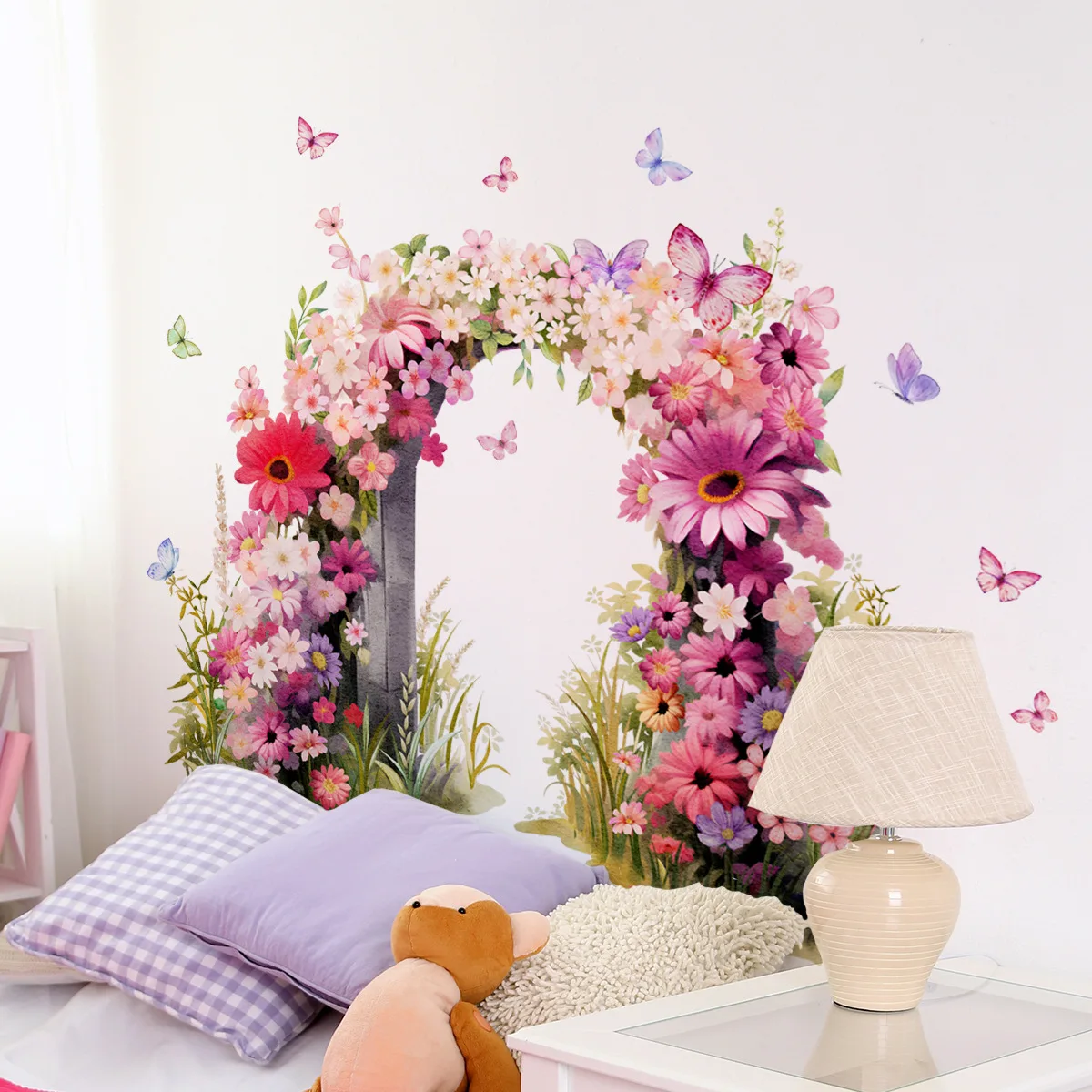 Adesivo de parede estético rosa flor borboleta arco-papel de parede autoadesivo removível para quarto sala de estar decoração floral de casa