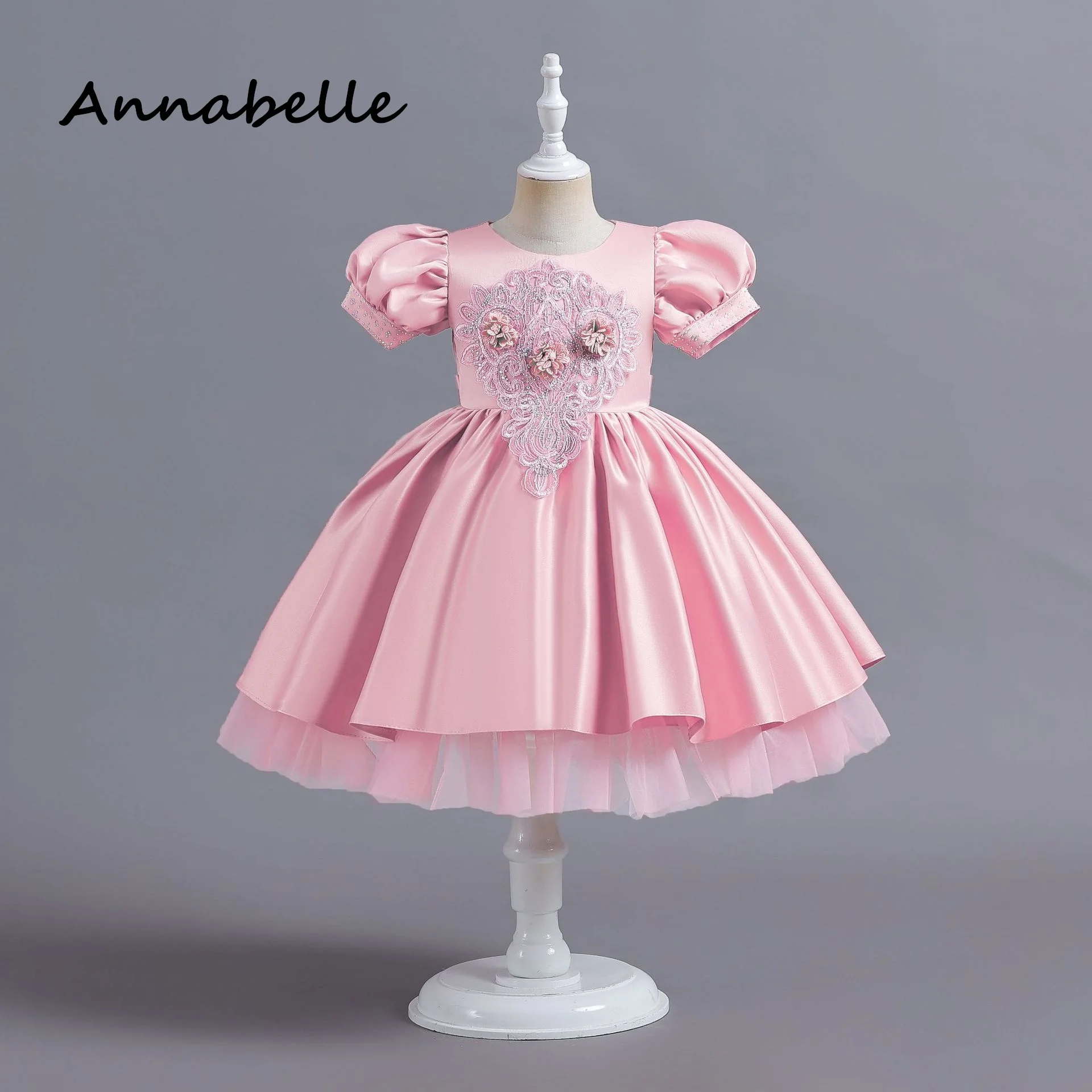 Annabelle Flower Girl Princess Dress Baby Girl Ceremony Birthday Short Sleeved Round Neck For Wedding Party Bridesmaid Bow Dress