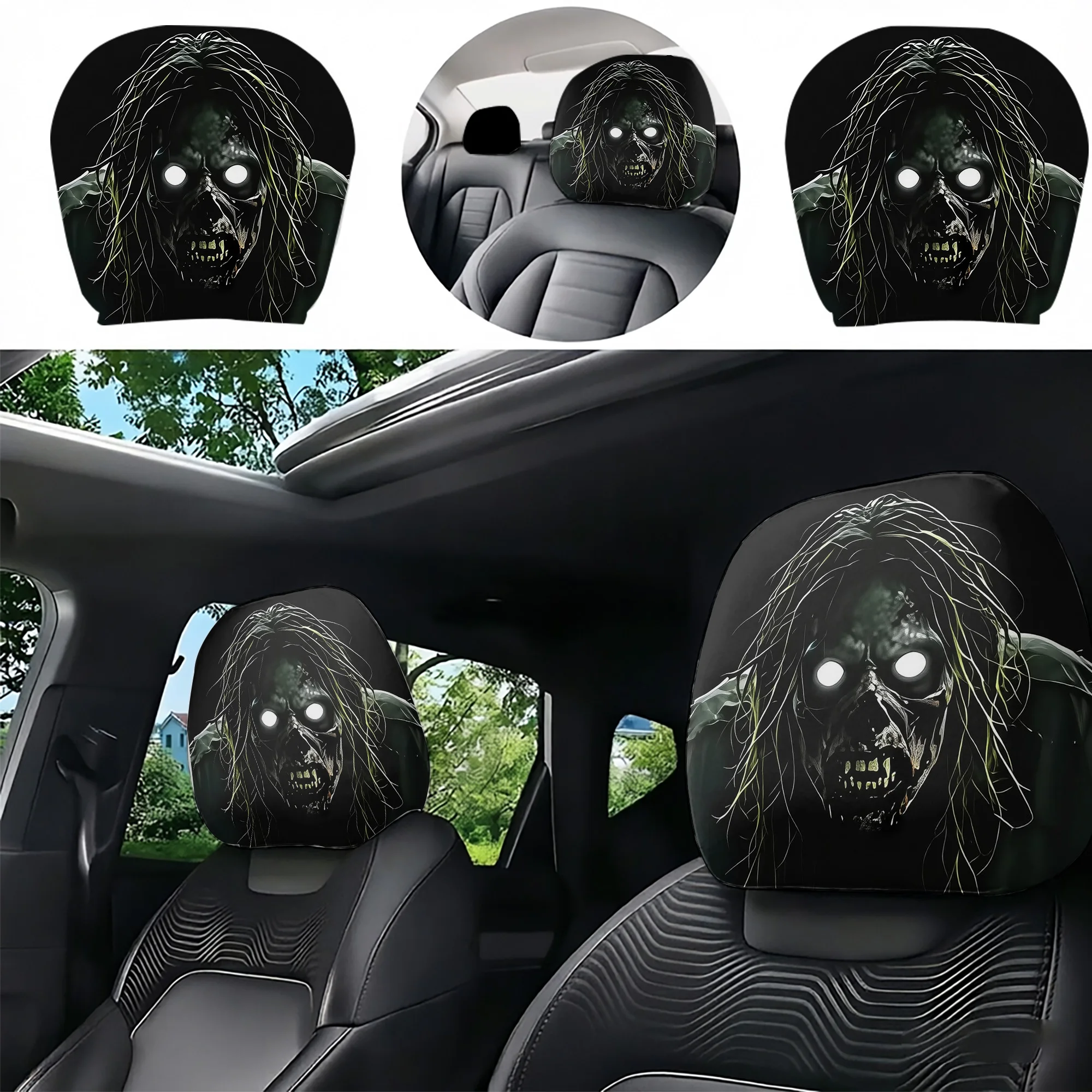 2pcs car headrest covers featuring a spooky zombie design, adding a touch of eerie atmosphere to your car’s interior. Filling no