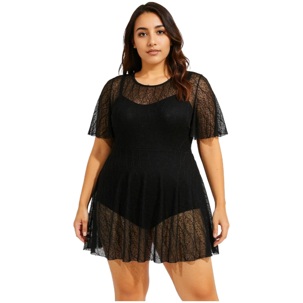 5XL Plus Size Women Tankini Swim Dress Mesh Ruffle Short Sleeve Cover Up Skirt Back Cutout One Piece Swimsuit Beach Swimwear