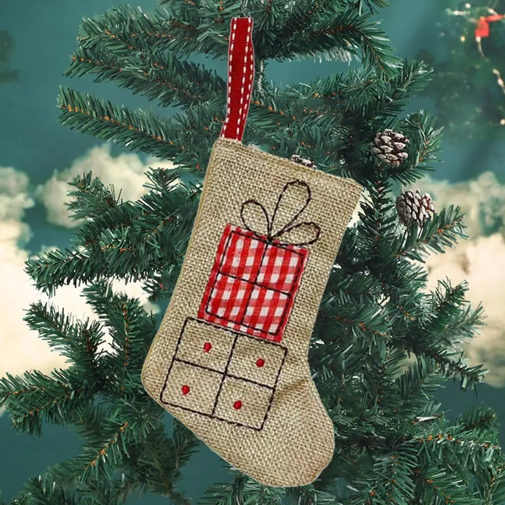 Linen Burlap Embroidery Christmas Stocking Reusable Hanging Christmas Decoration Decorative Small Christmas Gift Bag Fireplace