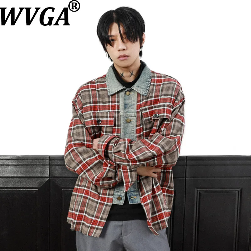 WVGA Spring Autumn New Man Tide Denim Patchwork Plaid Trendy Long Sleeve Shirt Niche Chic Casual Turn-Down Collar Top Ins W13583