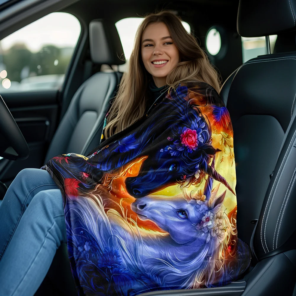 Black And White Unicorns Moonlight Floral Art Flannel Blanket Romantic Fantasy Couple Design Soft Fleece Throw For Couples