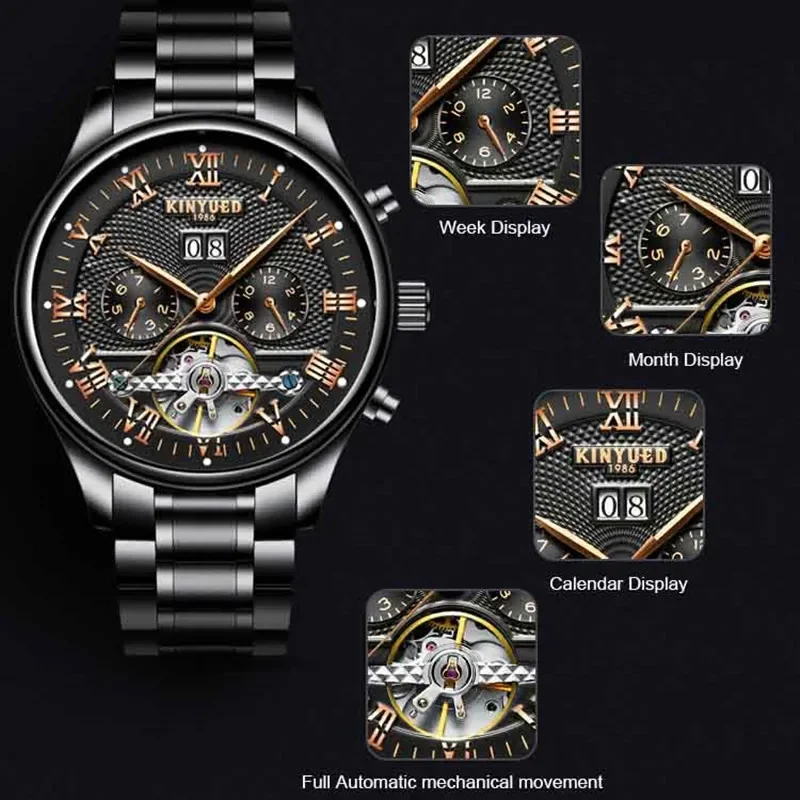 Kinyued Men\'s Classic Skeleton Watch Male Automatic Mechanical Wrist Watches Business Waterproof Hand Clock for Man Reloj Hombre