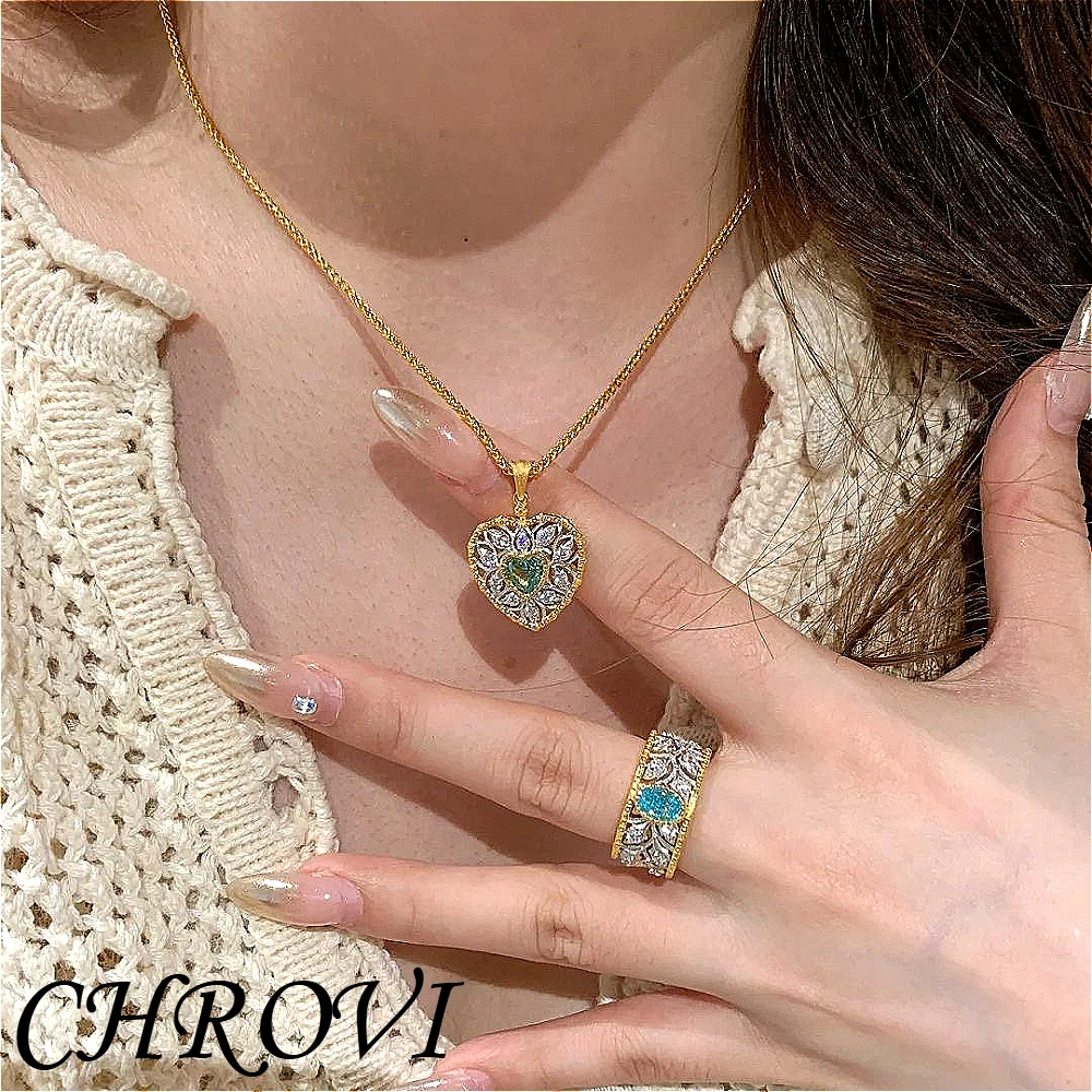 Luxury-Style 925 Sterling Silver Textured Double-Colored Gold Hollow Heart-shaped Necklace and Ring Set for Women
