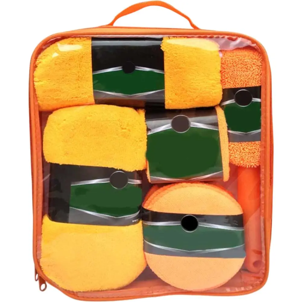 مجموعة العناية بالسيارات مكونة من 9 قطع مع وسادات تلميع قماش من الألياف الدقيقة وفرشاة إطارات مثالية للتنظيف الداخلي والخارجي بالكامل