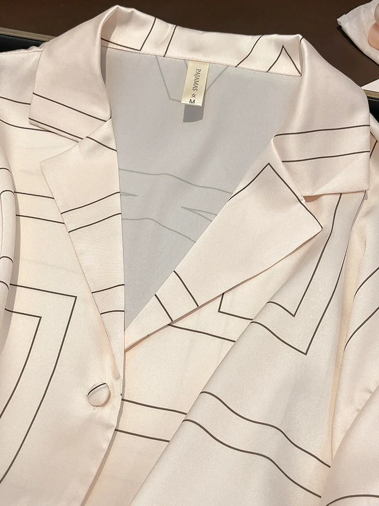 New Geometric Printed Pajama Long Sleeve 100%  Silk Home Clothes High End Loose Set