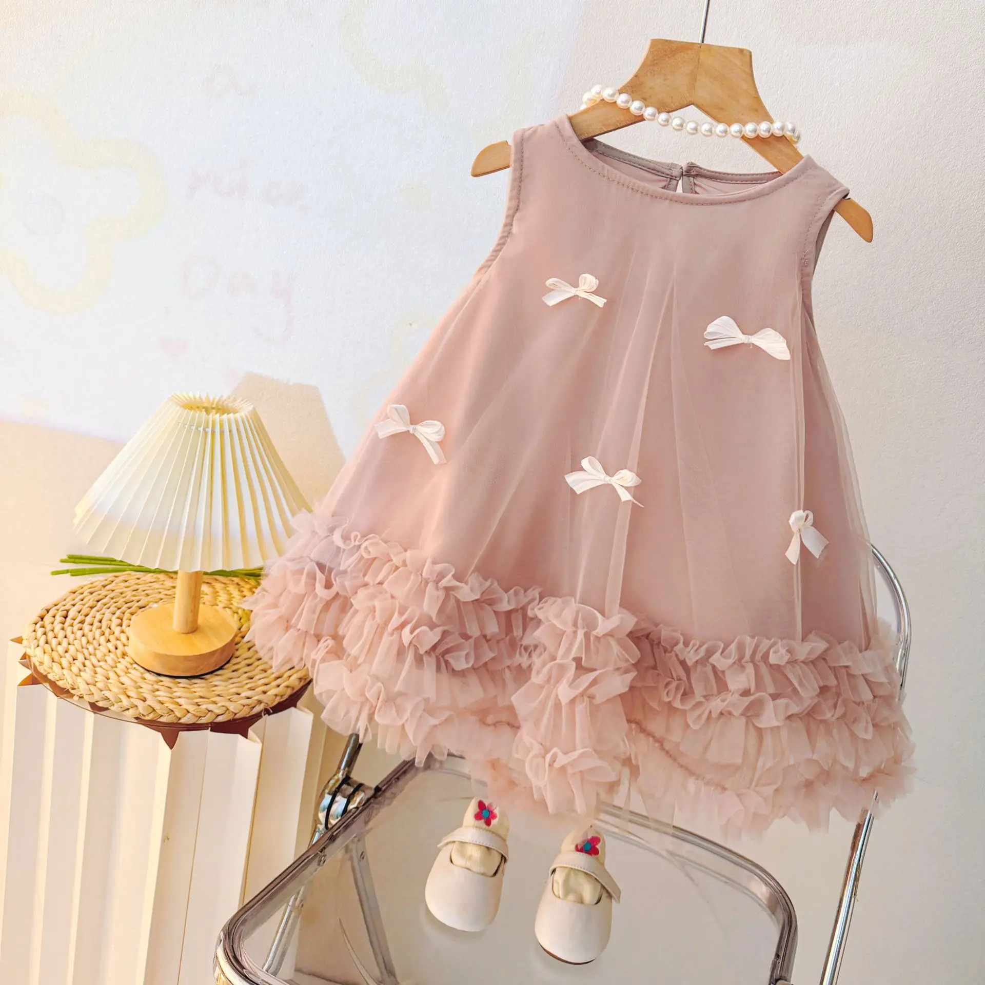 

Girls Summer Dresses 2025 Korean New Fashion Bowknot Yarnskirt Sleeveless All-match