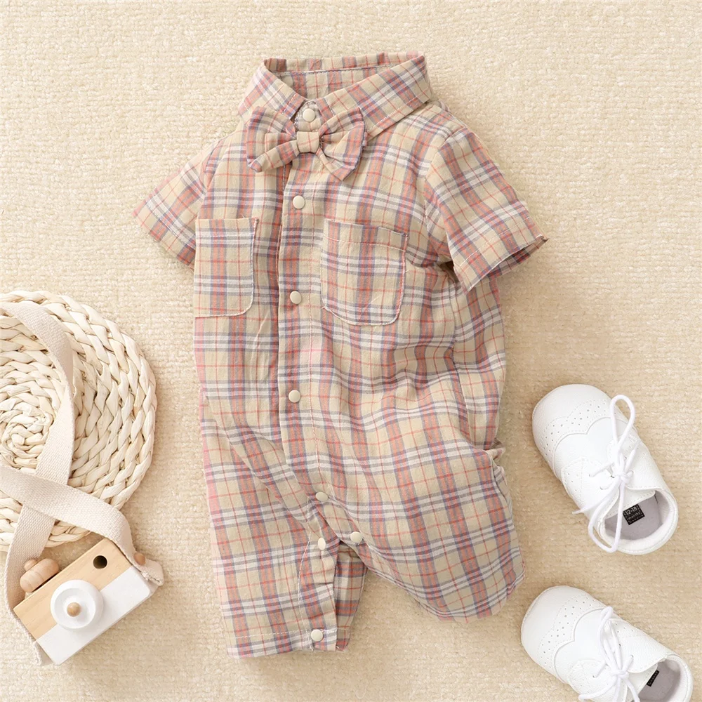 Infant Baby Boy Gentleman Bodysuit Turn-Down Collar Short Sleeve Plaid Romper Summer Fashion Jumpsuit Party Clothing for 0-18 M