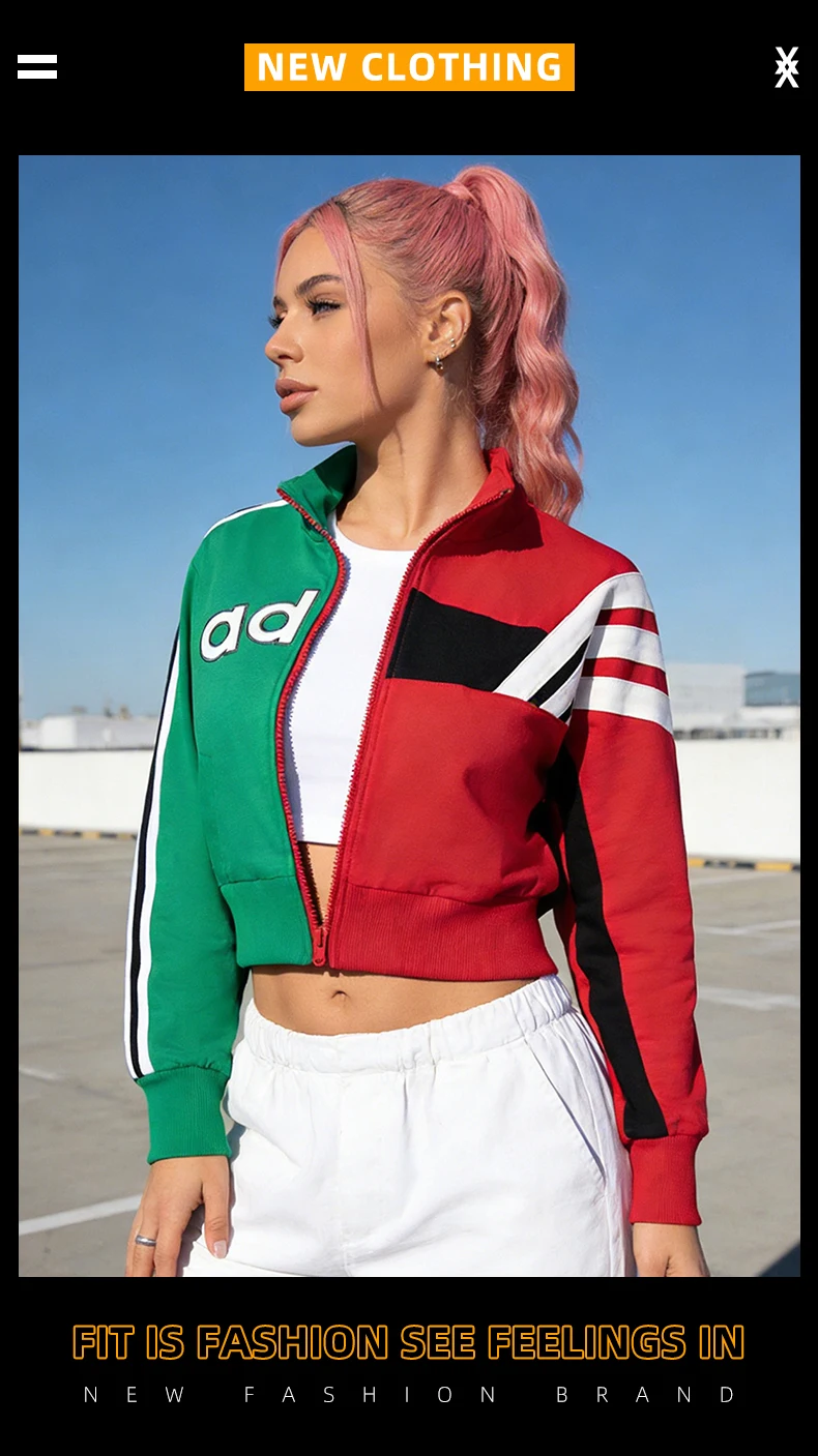 Damen Freizeitjacke Colorblock Sportliche Varsity-Jacke Vintage Patchwork Streetwear Oberbekleidung mit Durchgehendem Reißverschluss für Outdoor – Detail 3