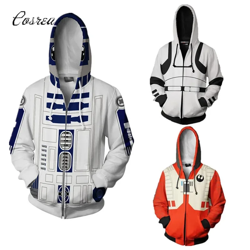Costume da uomo Felpe con cappuccio Cerniera Felpa con cappuccio corta Felpa Jedi Knight Luke Skywalker R2-D2 Tuta per ragazzi Top bianco