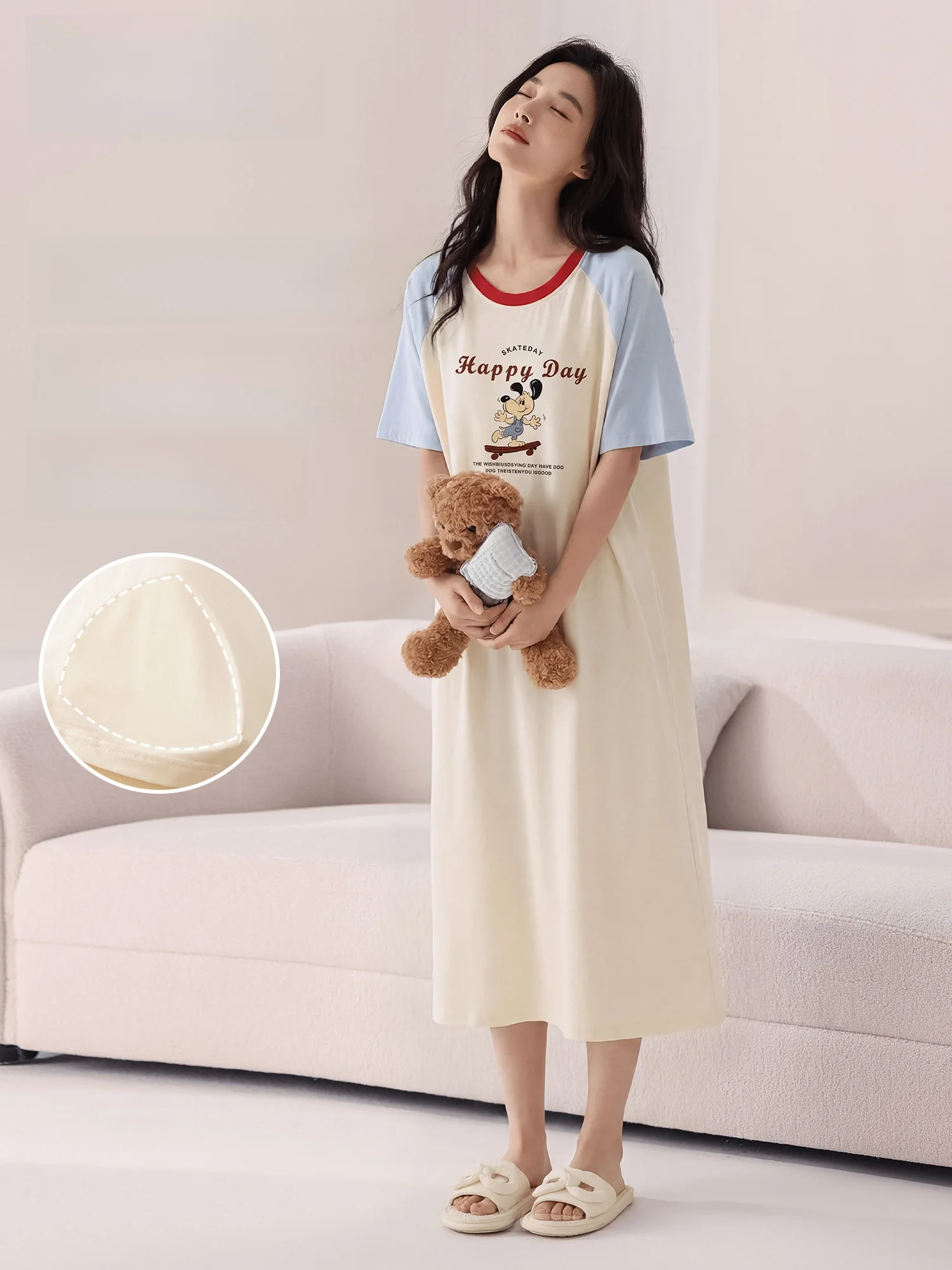 レディースコットンパジャマ夏半袖ルーズドレス快適なホーム服胸パッド付き漫画かわいいスタイル純綿