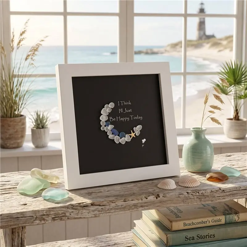 TKOH-Handmade Sea Glass Moon Art, I Think I' Ll Just Be Happy Today. For Mom& Women, Wall Decoration Crescent Design