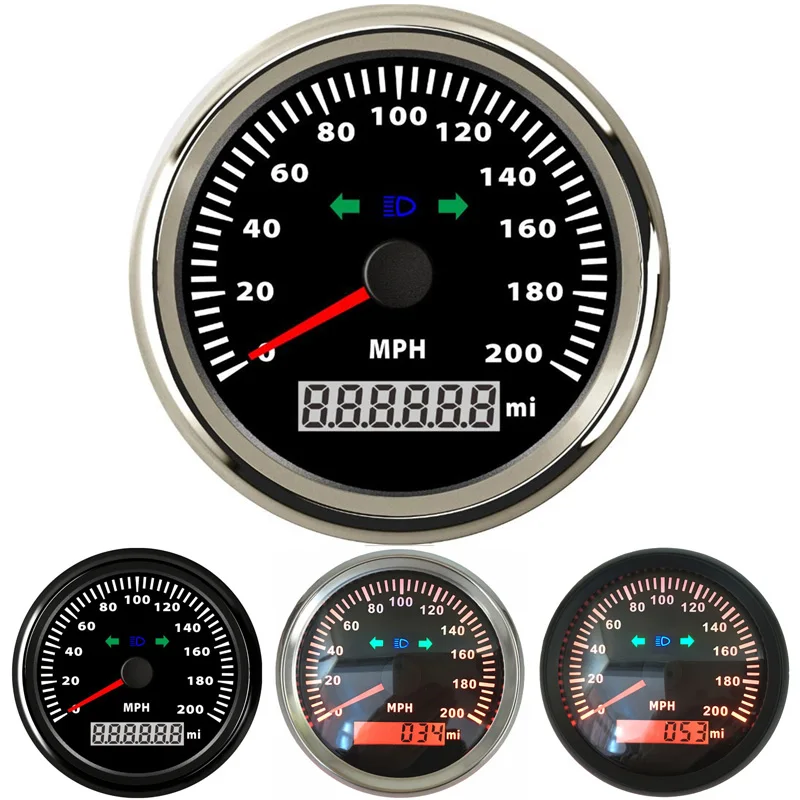 

0-200MPH GPS Speedometers 85mm 316L Bezel Speed Mileometers Devices Red Backlight with Turn Light and High Beam Light Signal