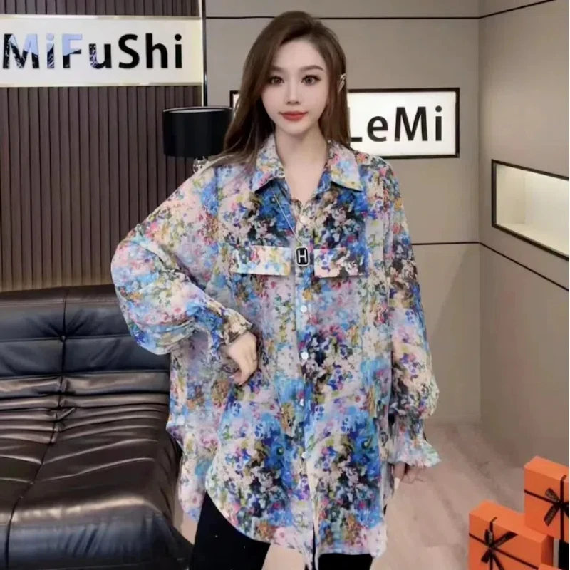 Summer Double Pocket Loose Printed Shirt Versatile Casual Slightly See-through Anti-fragmentation Sun-drying Shirt for Women