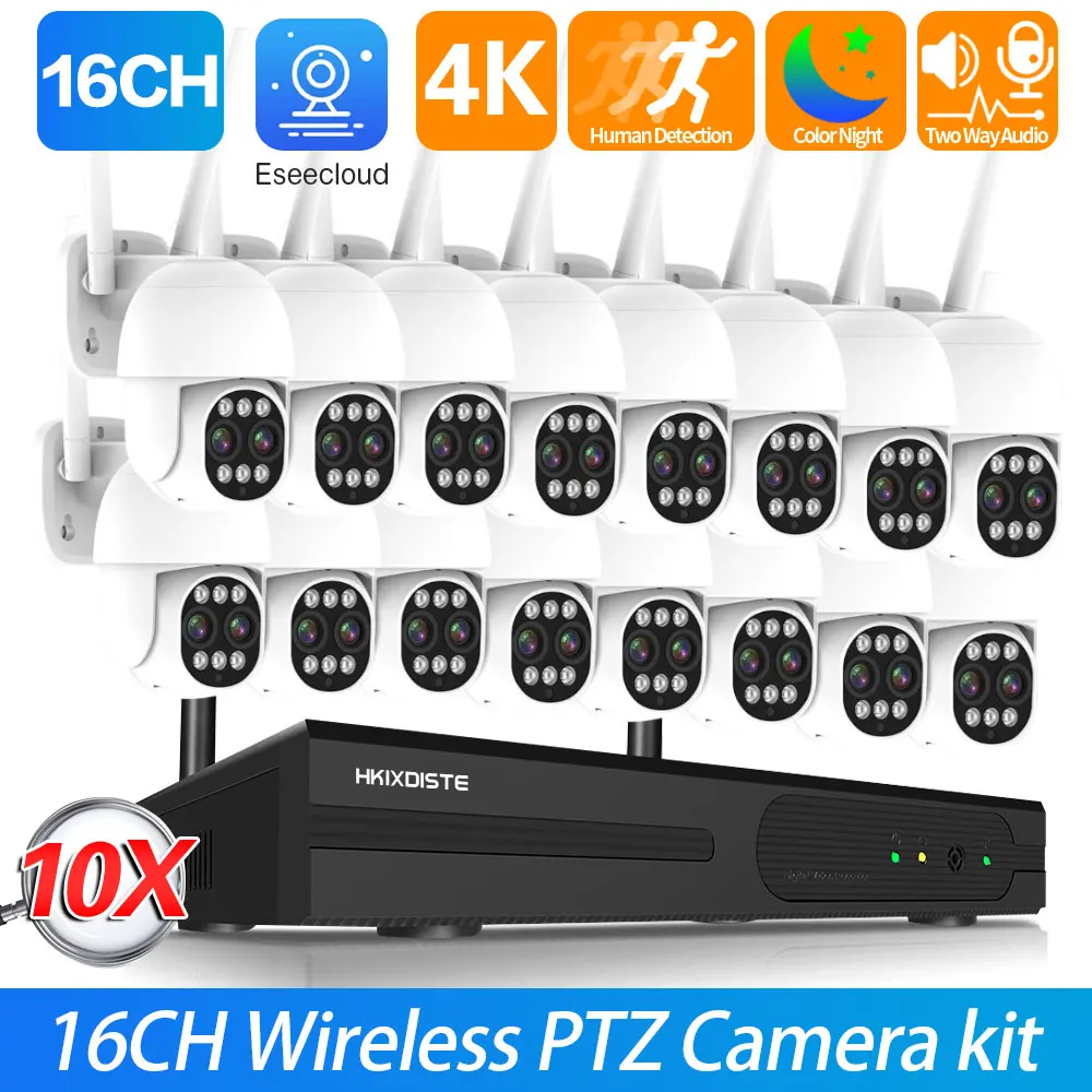 

4K 8MP 16CH Wifi PTZ IP Camera System 10X Zoom Dual Lens Wireless Auto Tracking Surveillance Camera Kit 2 Way Audio CCTV NVR Kit