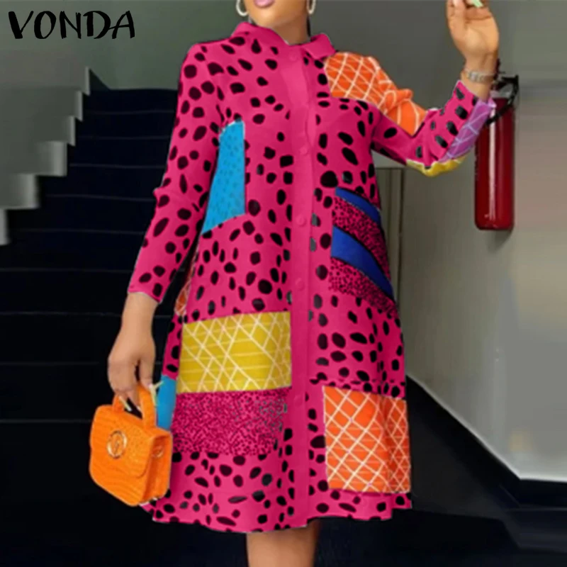 Plus Size 5XL VONDA Women Bohemian Dress Fashion Long Sleeve Leopard Printed Sundress Buttons Knee-Length Oversized Vestidos