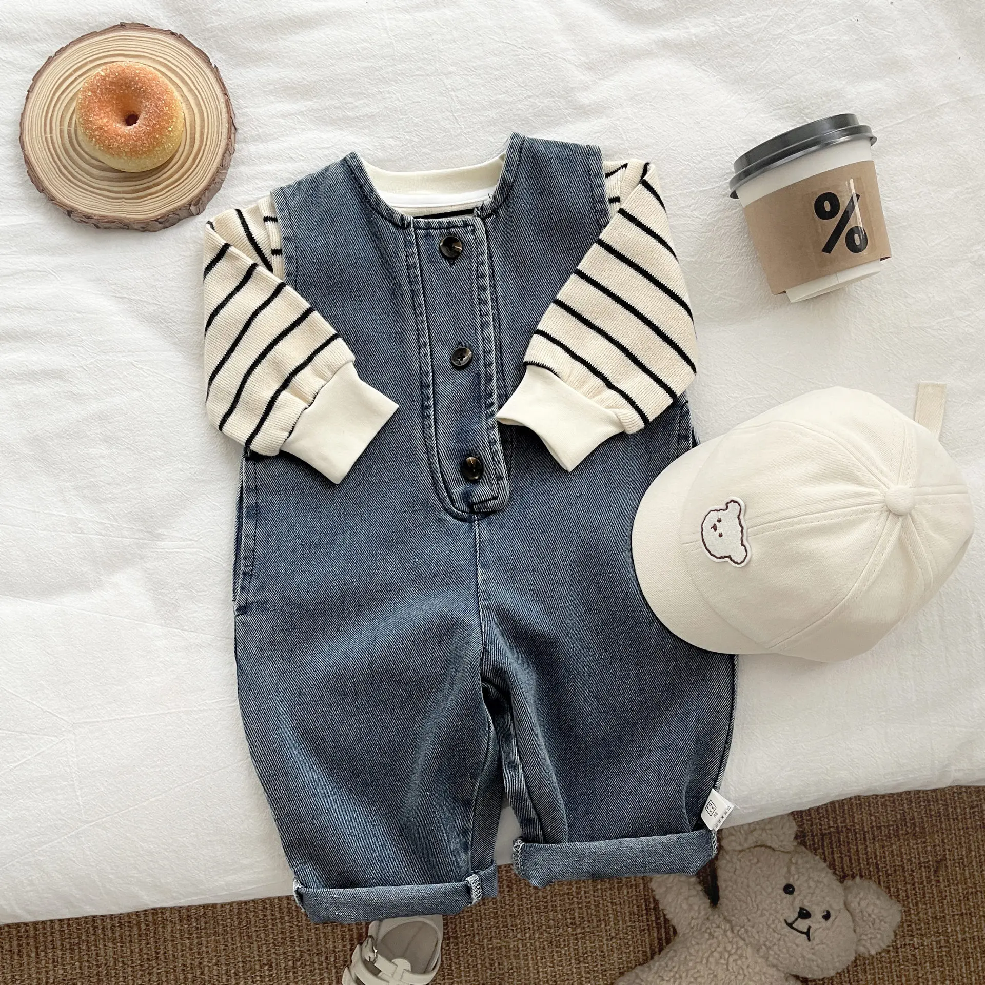 

2025 New Baby Boys Clothes Fall Set Denim Strappy Pants Striped Top Super Cute Jumpsuit Boys Two-piece Set