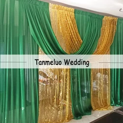 3x3M/10x10FT Wedding Backdrop Curtain Deep Green Ice Silk Drape Gold Sequin Drapery Sparkly Event Party Birthday Wall Decoration