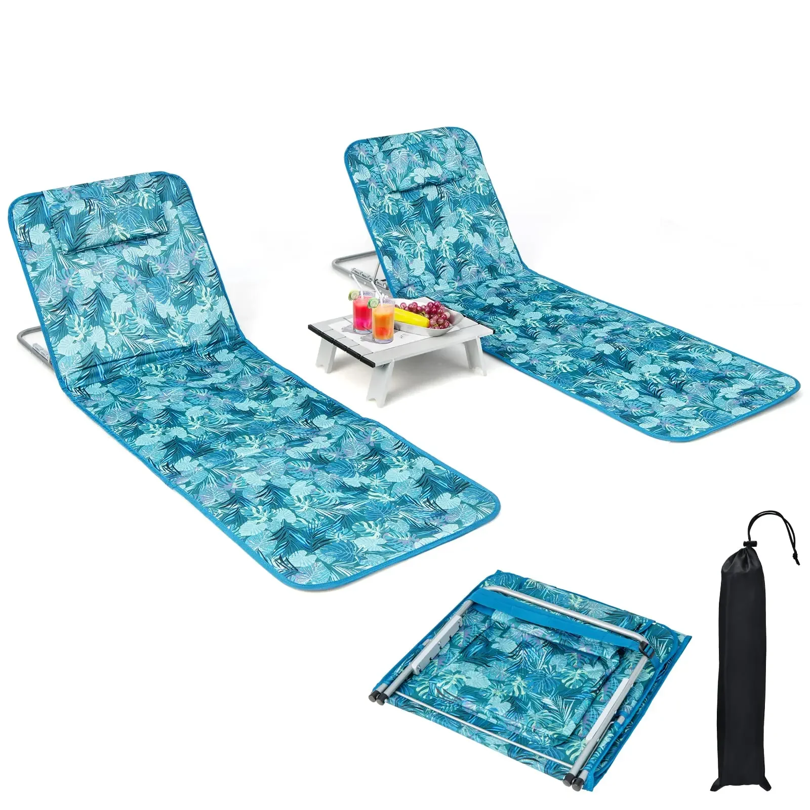 

2 Pack Folding Lounge Chairs With Side Table For Adults, 5 Adjustable Positions, Lightweight Reclining Beach Chair Blue