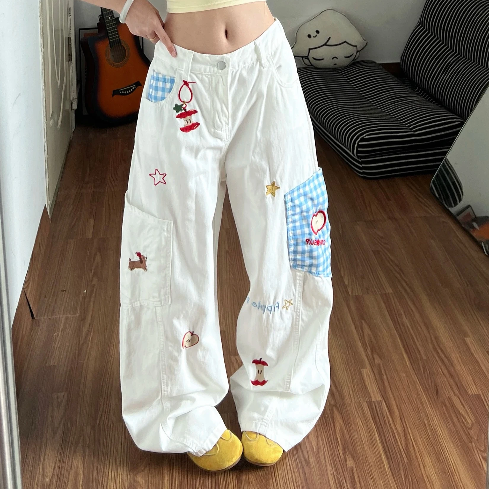 Sweet Y2K Women White Wide Leg Jeans Apple Star Embroidery Cargo Pants High Waist Loose Baggy Denim Trousers Preppy Streetwear