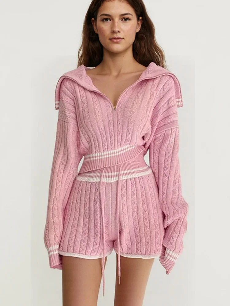 

Повседневные элегантные вязаные шорты, комплекты женских осенне-зимних пуловеров с длинными рукавами, новый шикарный вязаный свитер, комплект из 2 предметов для женщин