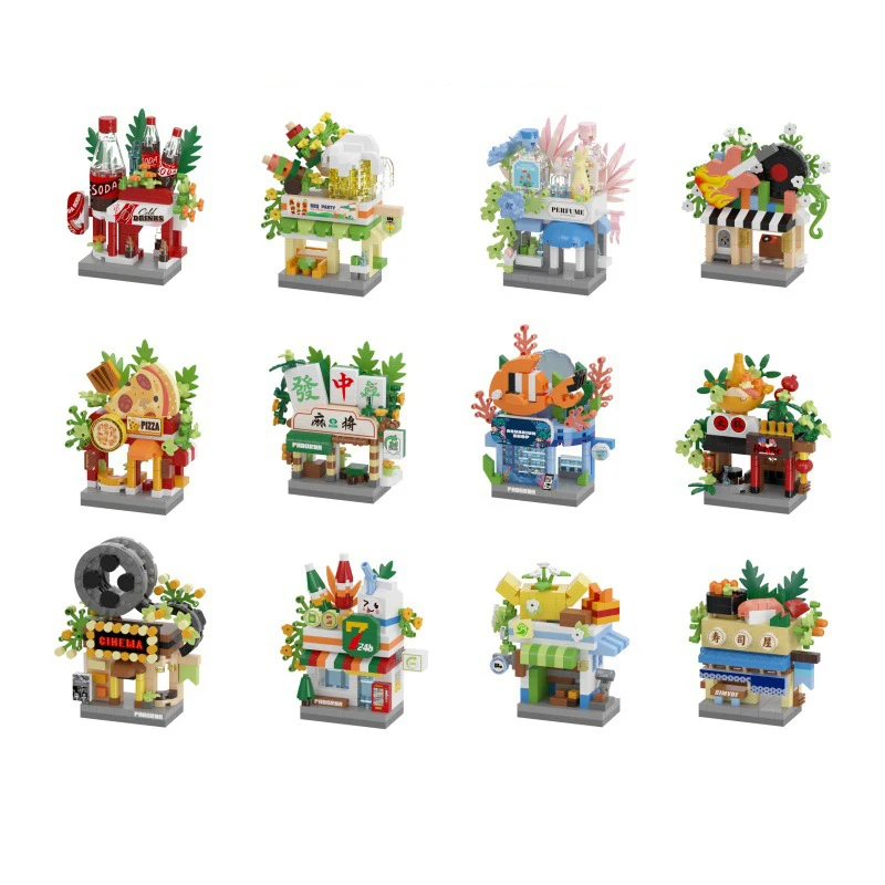 Nanobrick Street View Sushi Bar Convenience Store Mahjong Sshop Micro Diamond Block Cinema Hotpot Restaurant Building Brick Toys