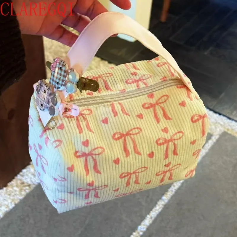 Corduroy pink bow makeup bag Freshandsweettravel toiletry bag Large capacity zipper Carrywithoneshand Storage bagAgiftforafriend