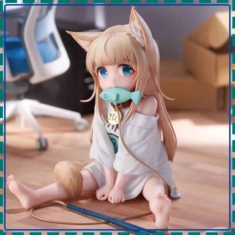 Polvere di fagioli gialli Figura anime Ragazza seduta che mangia pesce Modello di gatto Regalo di compleanno da collezione Robot giocattolo bidimensionale