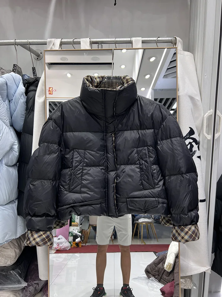 2025年新作 ダウンジャケット レディース ショート丈 スタンドカラー チェック柄 デザイン感 ルーズ 多用途 カジュアル ホワイトダックダウンジャケット