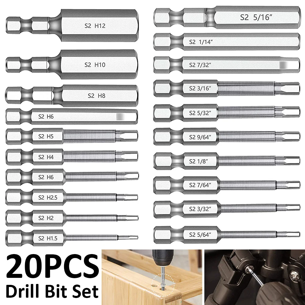 20 Buah/Set Set Bit Bor Kunci Pas Allen Kepala Hex Bit Bor Baja S2 Premium Set Bit Obeng Magnetis Rilis Cepat