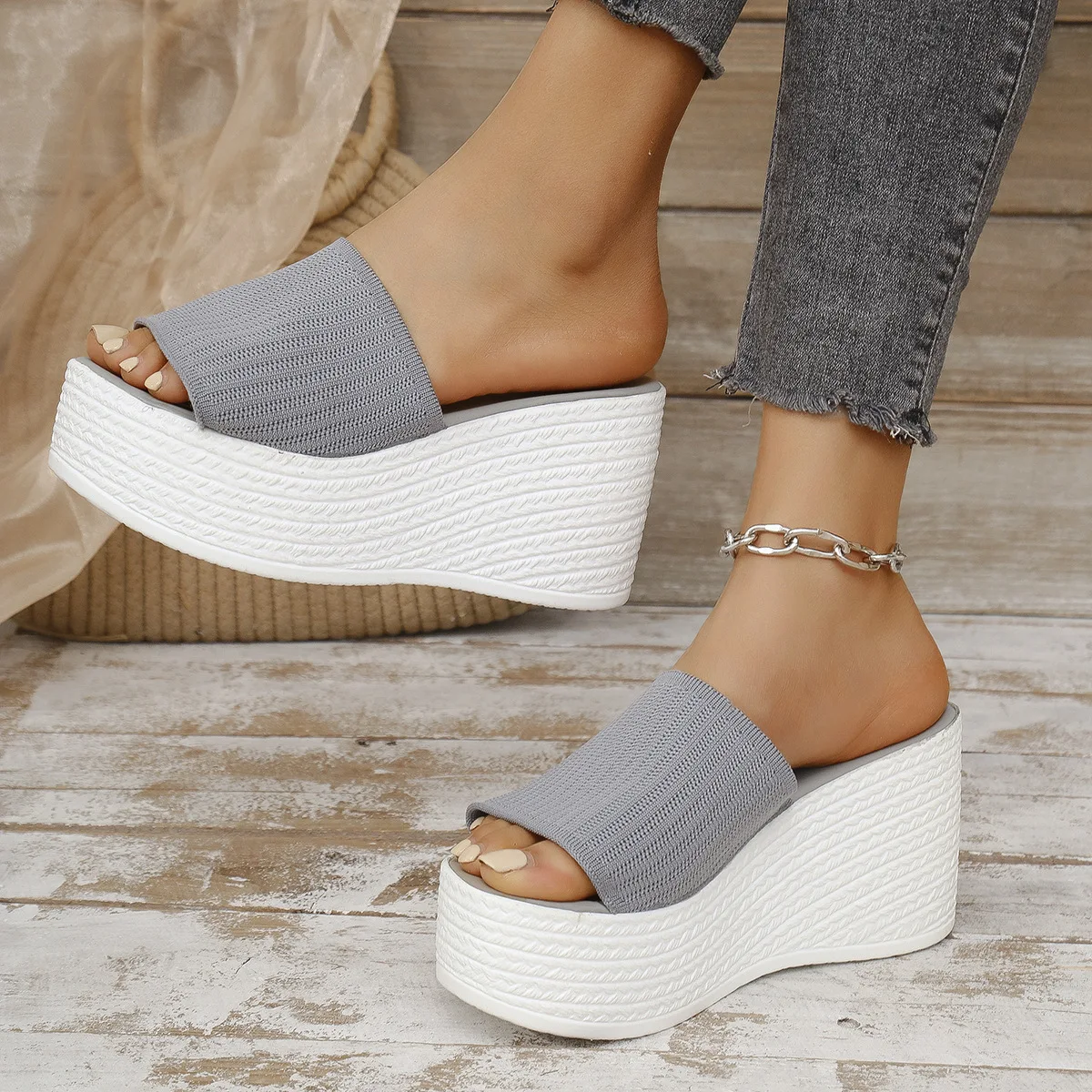 Summer Platform Women Slippers Mesh Flower High Heels Female Casual Shoes Wedges Fashion Fish Mouth Women\'s Roman Slides Shoe