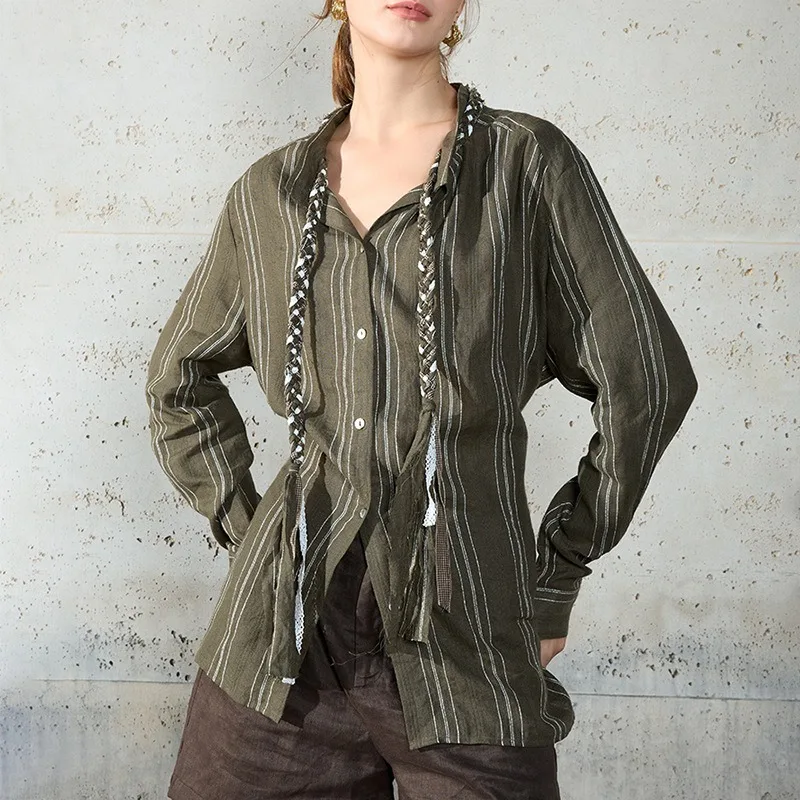 

Французская шикарная льняная хлопковая рубашка в зеленую полоску, женская, с длинным рукавом, на пуговицах, с завязками, летняя, повседневная, модная блузка, женский топ