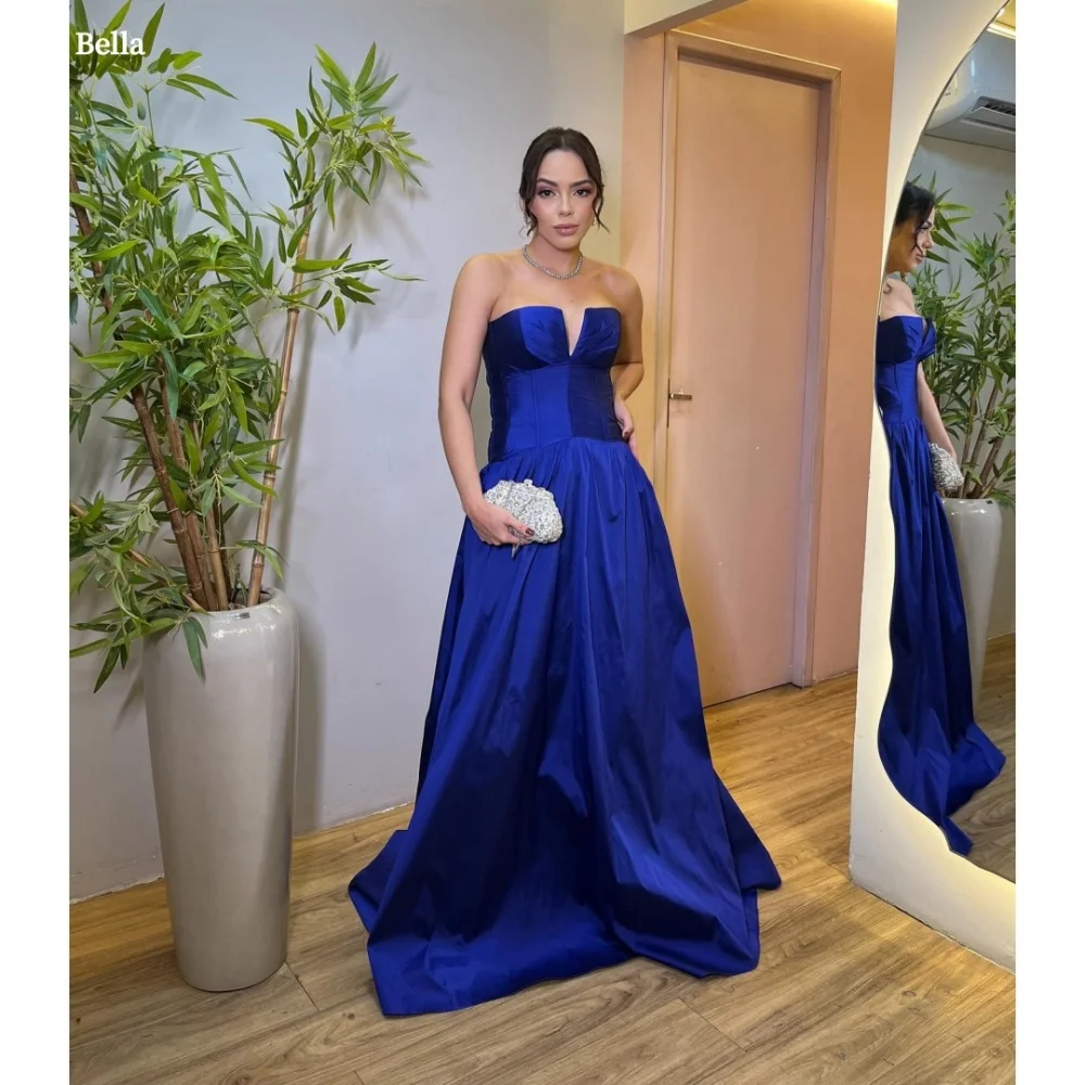 

Bella Customized Blue Strapless Sleeveless Backless robes de soirée Satin V Neck A-line Party Dresses Floor-Length Prom Dress