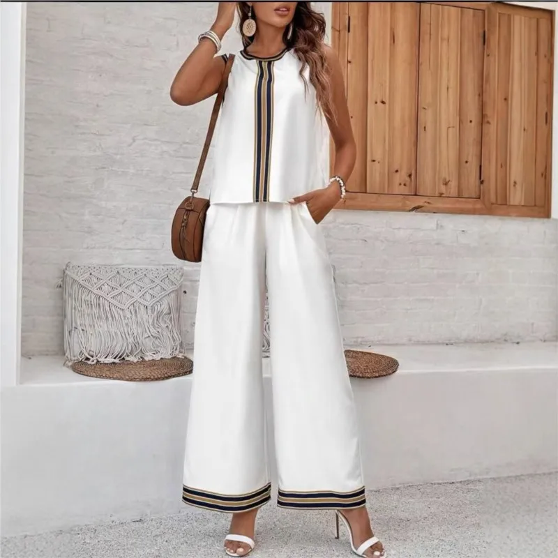 

Новинка 2025 года, повседневный женский комплект для отпуска, модный пуловер без рукавов с круглым вырезом, свободный комплект прямых узких широких брюк