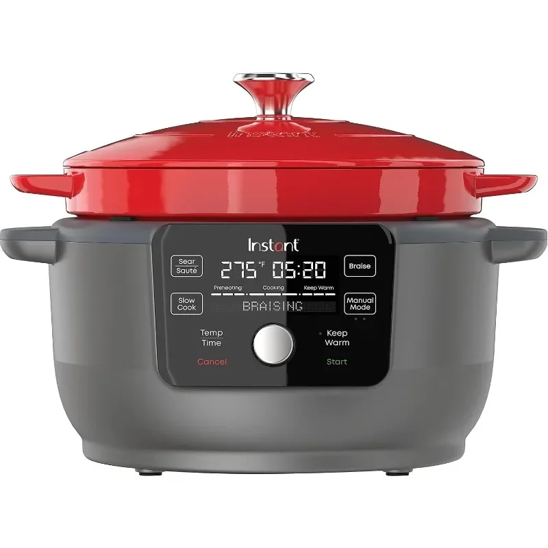 

6-Quart 1500W Electric Dutch Oven with Recipe Book - Braise, Slow Cook, Sear, Warm, Red Enameled Cast Iron