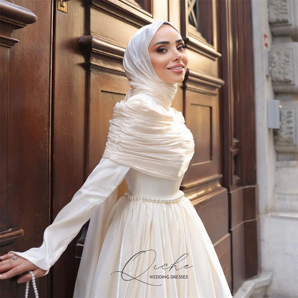 QICHE Bescheiden Moslim A-lijn Trouwjurken Vrouwen 2026 Plooi Lange Mouwen Satijn Parels Party Gown Vestidos De Novia Aangepaste