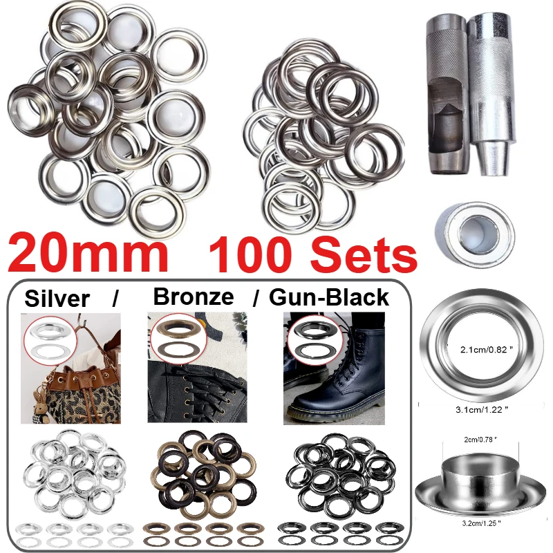 100sets 20mm Grommet Eyelets with Washers Assortment Kit Silver/Bronze Hole Self Backing for Bead Cores Clothes Leather Canvas