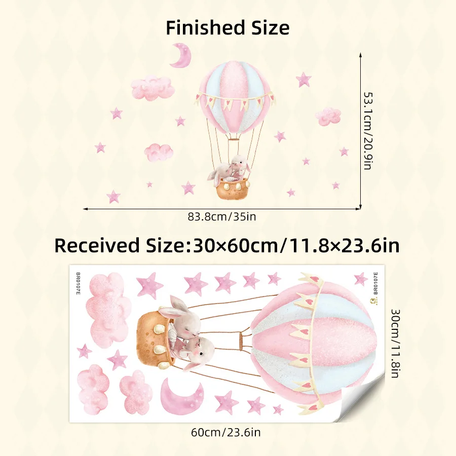 Cartoon Cute Rabbit Pink Balloon Clouds Wall Stickers for Kids Room Decor Children's Living Room