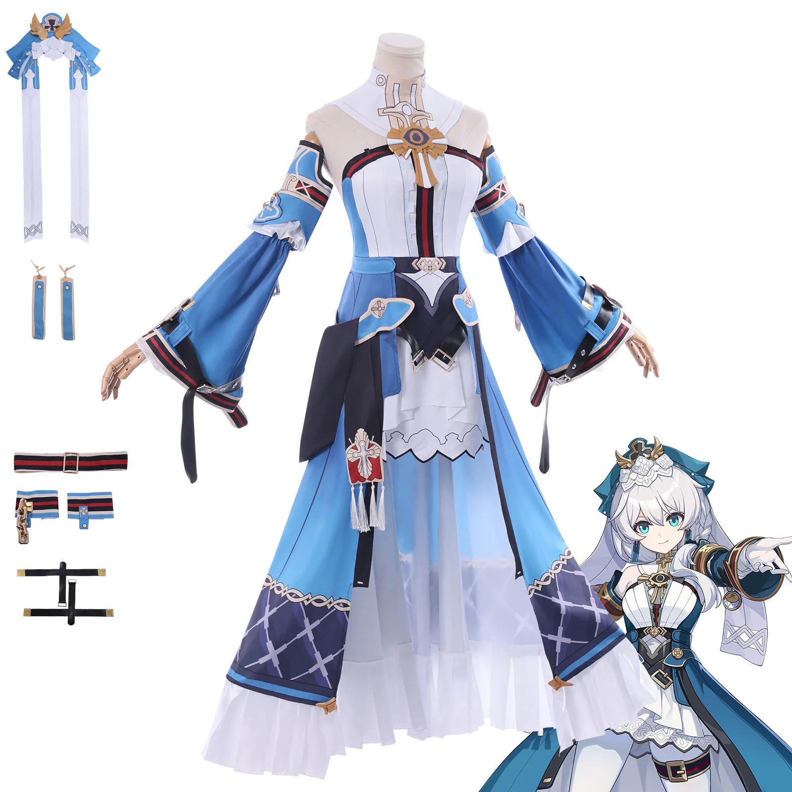 In Stock Honkai Impact 3 Collaborator Apocalypse Theresa Cosplay Costume wig Blue Dress With Hat Women Halloween Party Roleplay