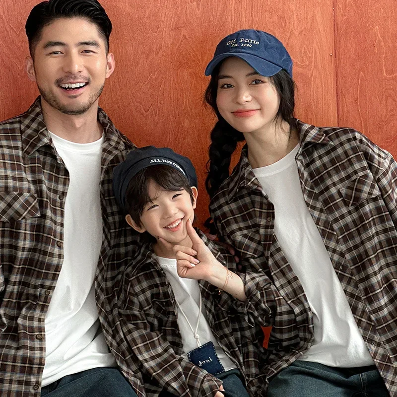 

Equal Family Plaid Shirts Autumn Father Mother and Daughter Son Same Long Sleeve Tops Korean Vintage Parent-child Jacket Coat