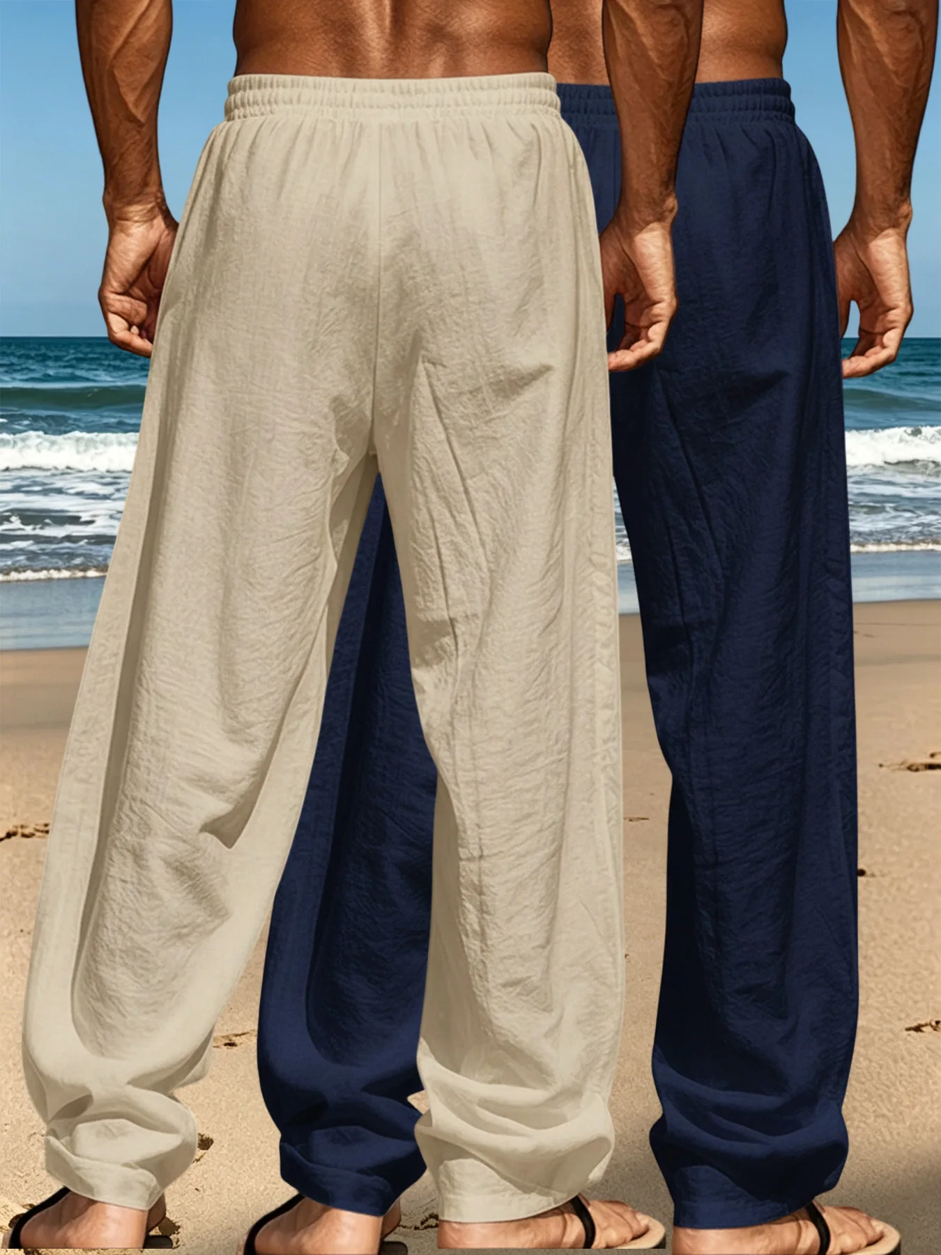 2 Pack Essential Men Crinkle Textured Straight Pants Elastic Drawstring Waist Side Storage Pocket Breathable Linen-Look Trousers